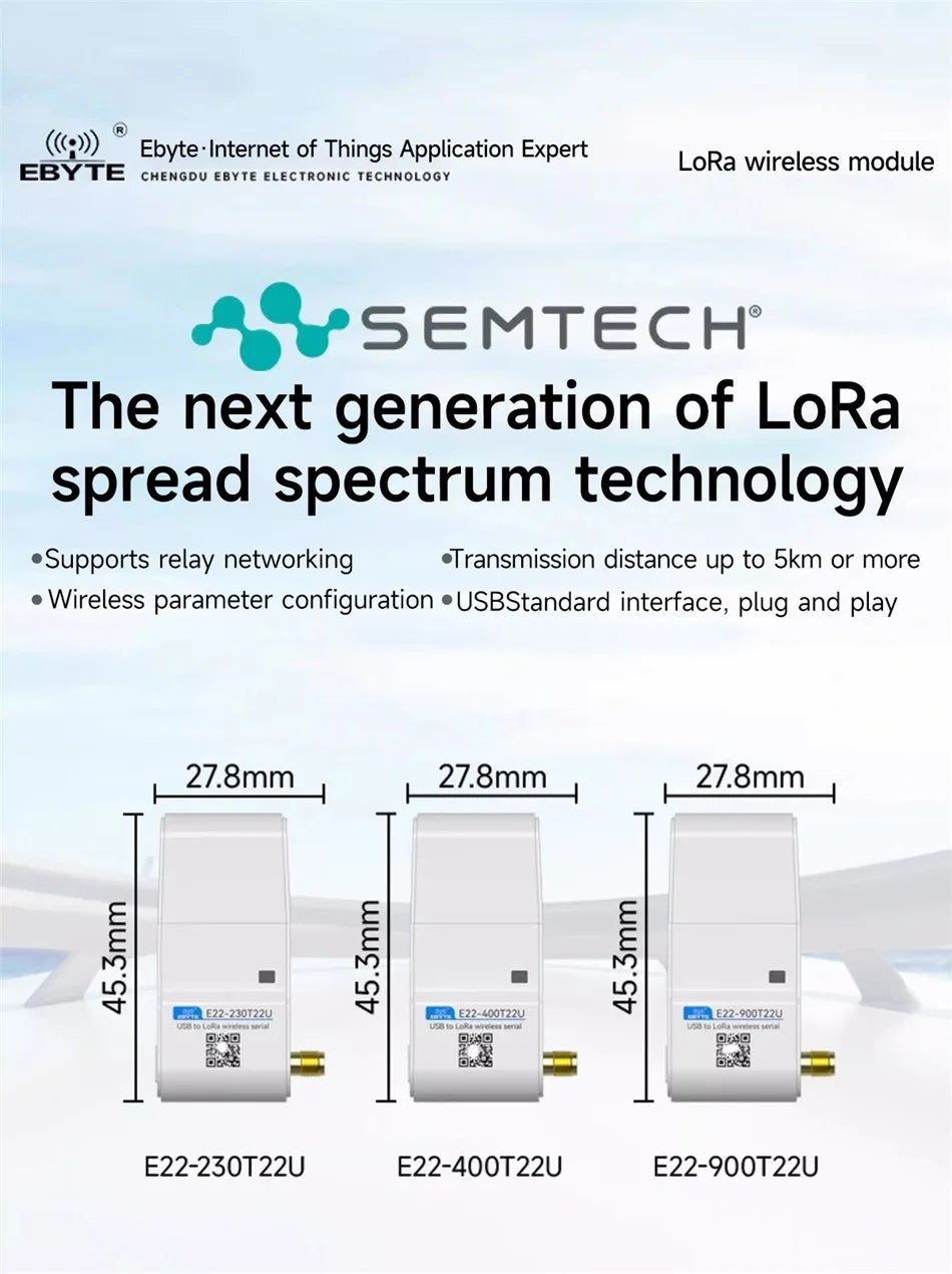 LoRa Module USB Interface 230/400/900MHz EBYTE E22-230/400/900T22U 22dBm With Antenna RSSI LBT 5KM DIP Module