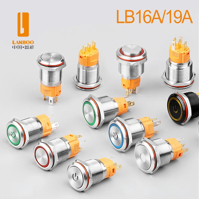 LANBOO LB16A Device Button Switch Chrome Plating/Aluminum Oxide Black/Optional 1NO1NC/5 Pin Latching/Momentary Optional
