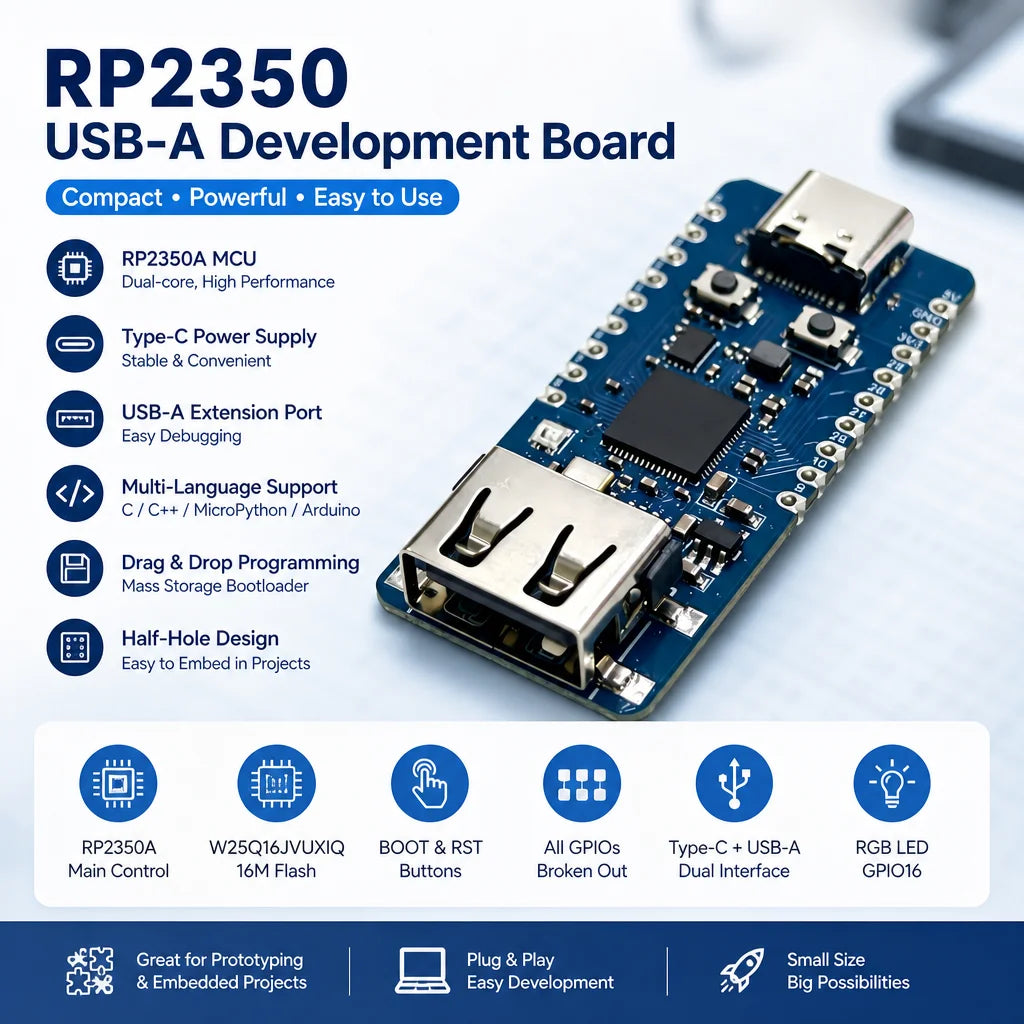 RP2350A Microcontroller Development Board TYPE C Power Supply With USB A Port Half Hole Design W25Q16 Flash Full GPIO Breakout