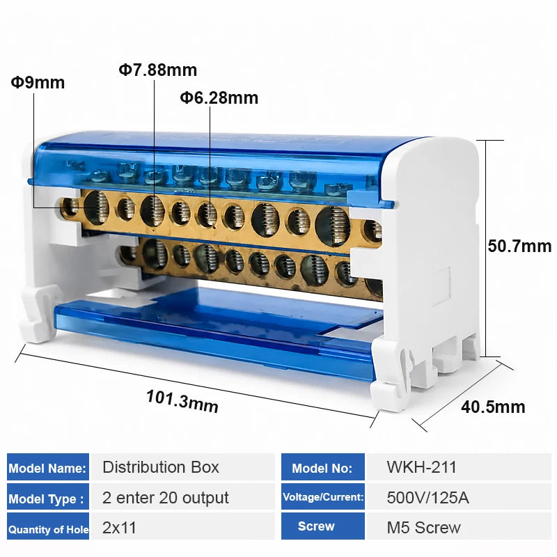 WKH-207/211/215/407/411/415 DIN Rail Distribution Block Multiple Input Output Screw Terminal Electrical Power Junction Box