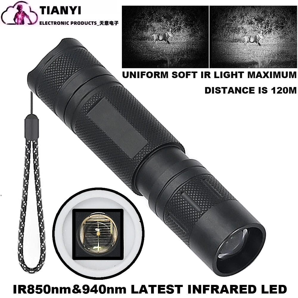 Professional Focus Night Vision Hunting Torch, Tactical Infrared Radiation Zoomable LED Flashlight, IR 850nm, 940nm, 10W