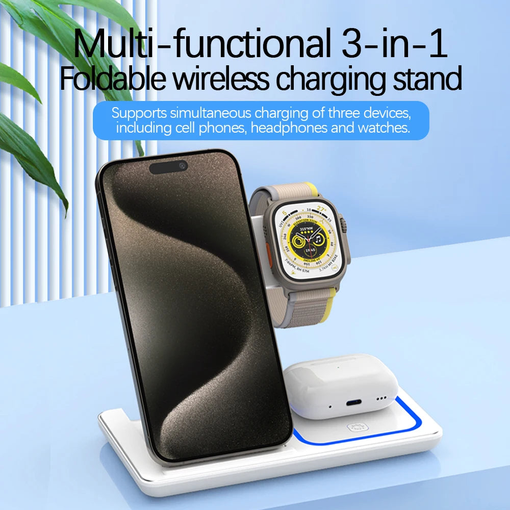 LED Fast Wireless Charger Stand 3 in 1 Foldable Charging Station For iPhone 17 16 15 14 13 12 Apple Watch 9 8 7 6 5 Airpods Pro