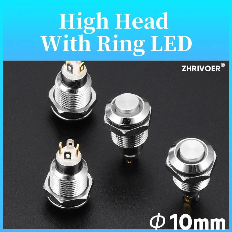 1pc 10mm Metal Push Button Switch with LED Indicator Self-reset Momentary Self-locking Latching 4pins High Head 3v5v12v24v220v
