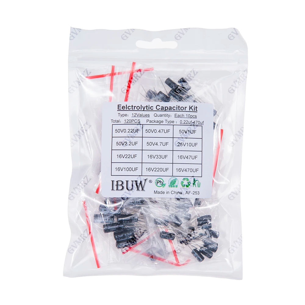 120PCS 12Values Electrolytic Capacitor Kit (0.22μF-470μF 16V-50V) for DIY Electronic Circuit Project 0.22uF 22uF 100uF 33uF 47uF