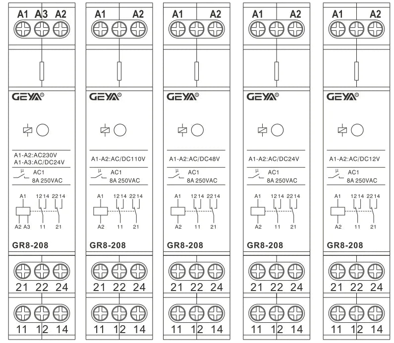 GEYA GR8-208 Auxiliary Relay Intermediate Switch 8A 2SPDT 12V 24V 48V 110V 220V RELAYS Din Rail Module