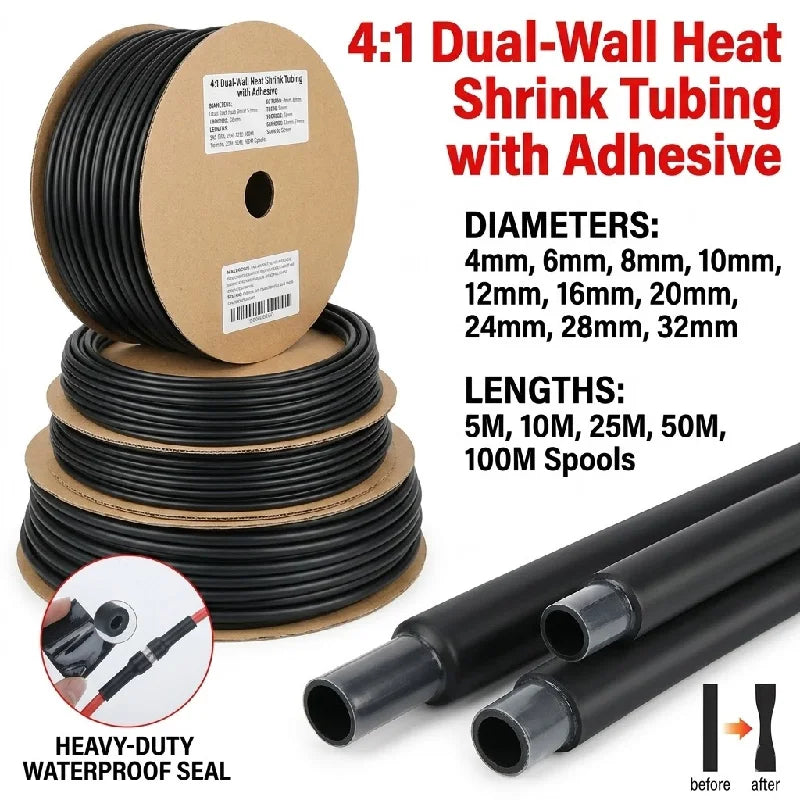4:1 Ratio Heat Shrink Tube with Glue Waterproof Dual Wall Tubing 4mm to 32mm Black Insulated Cable Sleeve 5/10/25/50/100M