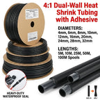 4:1 Ratio Heat Shrink Tube with Glue Waterproof Dual Wall Tubing 4mm to 32mm Black Insulated Cable Sleeve 5/10/25/50/100M