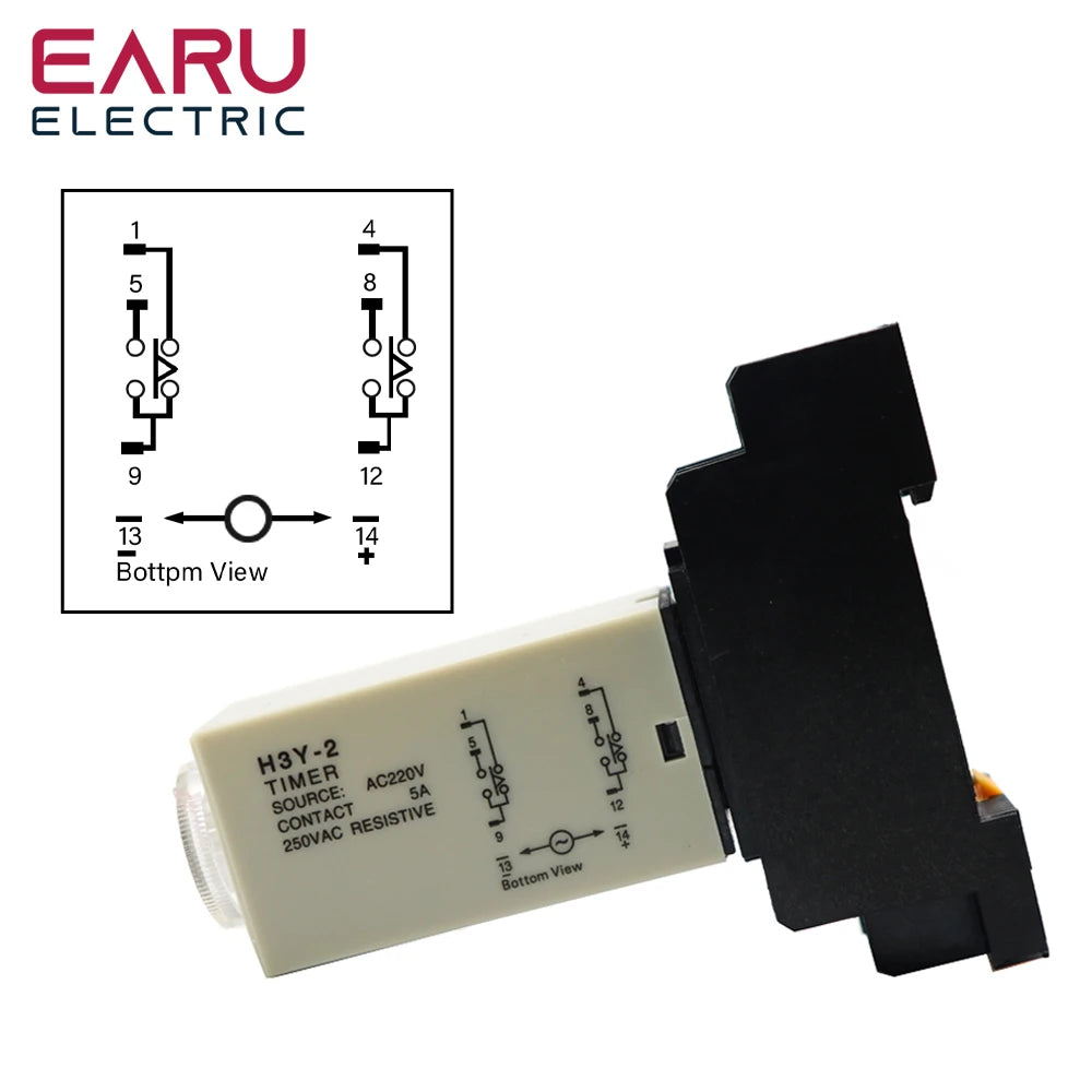 H3Y-2 AC220V Delay Timer with Base Socket Power-On Delay Rotary Knob DPDT 0-30s 60Min Adjustable Timer Relay for Home Automation
