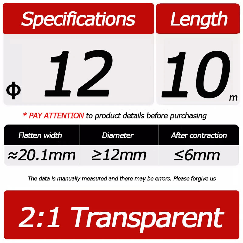 10 Meter/Lot Heat Shrink Tube 2:1 Clear Transparent Tubing Shrinkable Wrap 1mm - 60mm Cable Sleeve Wire