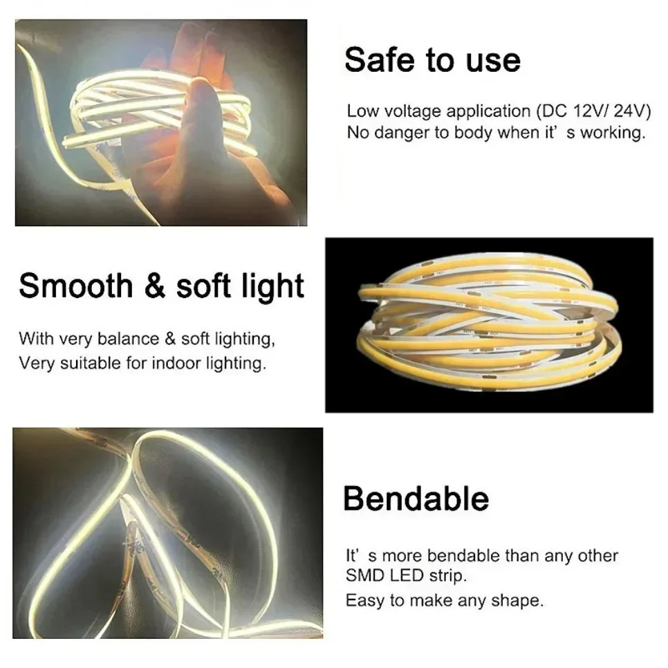 COB LED Strip Lights 320 LEDs/m High Density Flexible Dimmable FCOB Led Tape Colorful Rope Lighting DC12V 24V Red Green Blue