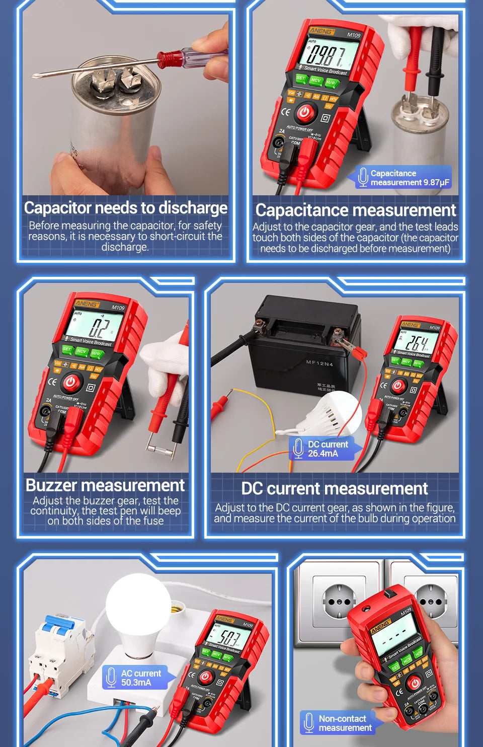 ANENG M109 Smart Multimeter Tester AC/DC Voltage Voice Broadcast Meter NCV Capacitance Continuity Professional Electrical Tools