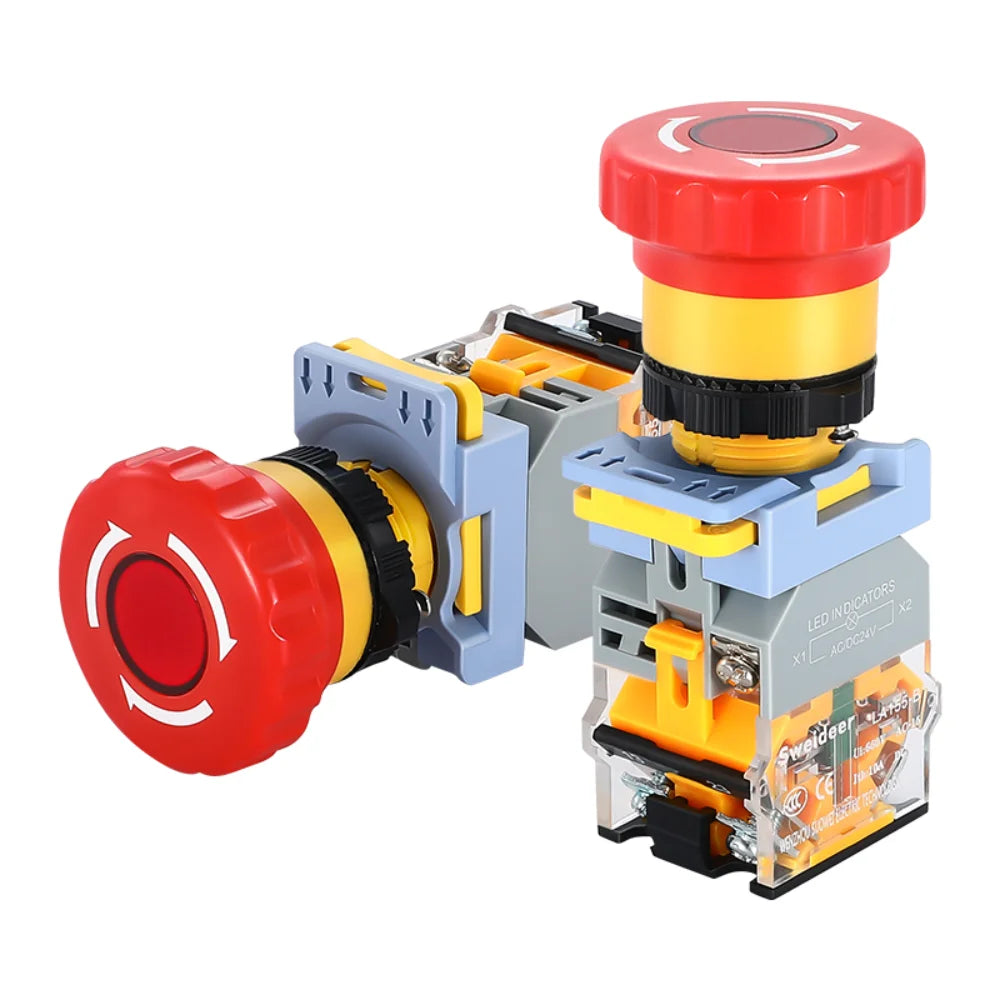 Emergency Stop Push Button Switch with Light 22mm Button Mushroom Head Self Locking Latching Power Switch Knob Switch Red AC220V