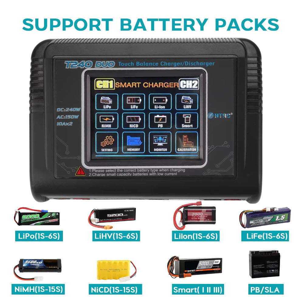 HTRC T240 LIPO balanced charger DUO AC 150W DC 240W 10A Touch Screen Dual Channel Battery Balance Charger Discharger
