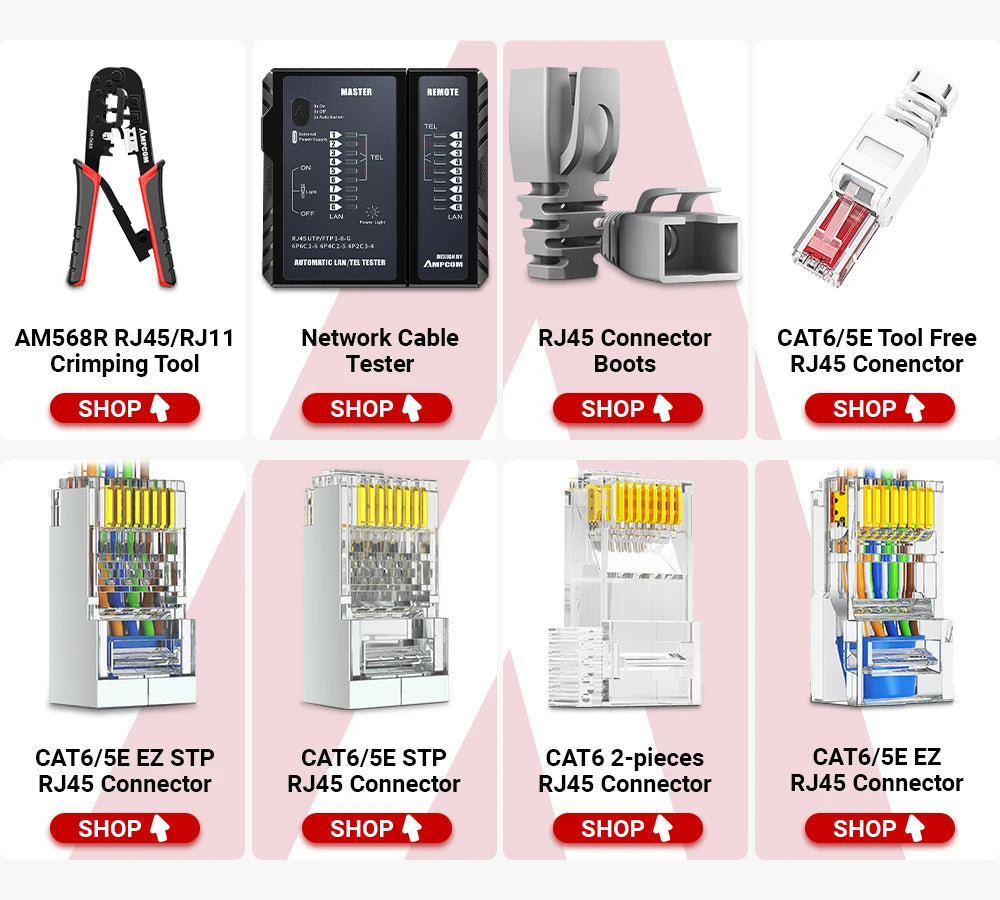 AMPCOM CAT5e RJ45 Connector 8P8C Modular Ethernet Cable RJ 45 Ends Ethernet Cable Crimp Connectors UTP Network Plug