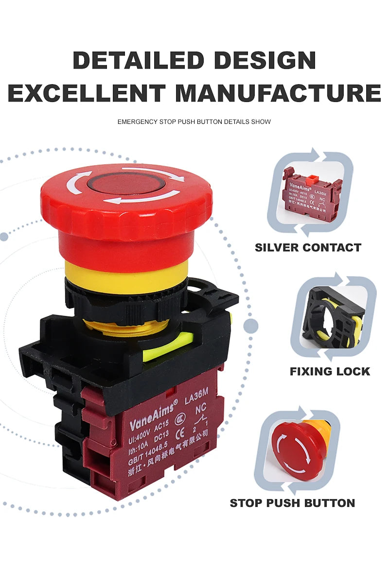 22mm LA36M Emergency Stop Switch Lockable Push Button 12v 24v 220v 10A 1NC 2NC Red Mushroom Head E-Stop Switches On Off VaneAims