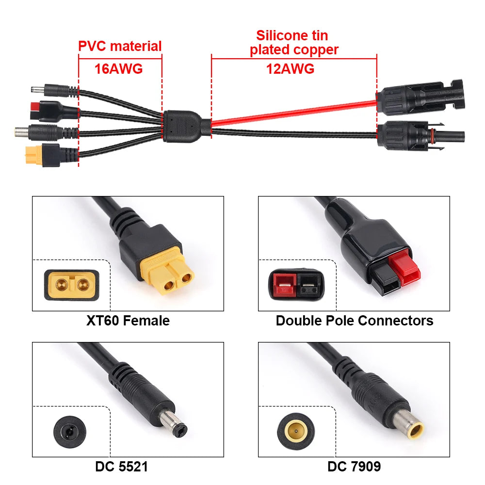 4 in 1 Solar Connector to XT60/DC5521/DC7909 Solar Panel Extension Cable Splitter 12AWG Power Cord Energy Storage Charging Cable