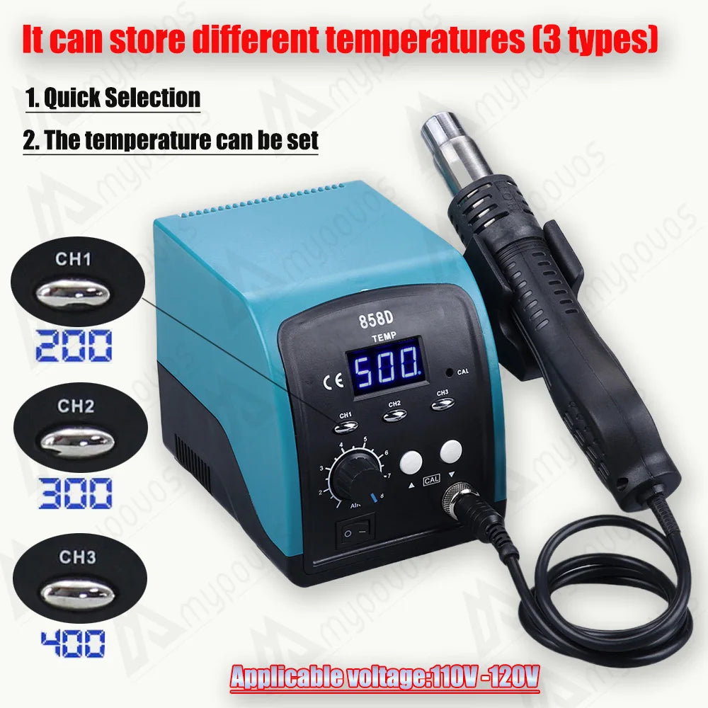 750W 858D hot air gun LED Digital BGA rework Lead-free soldering station SMT desoldering station Temperature storage 110V-120V