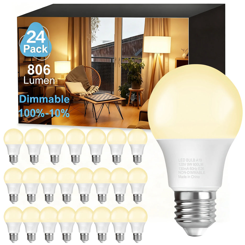 6/12/24 Pack Warm White 3000K A19 E26 LED Bulb, 60 Watt Equivalent, 800 LM, 80+CRI, E26 Head, Efficient 9W White LED Bulb for  bedrooms, living rooms ， kitchens，