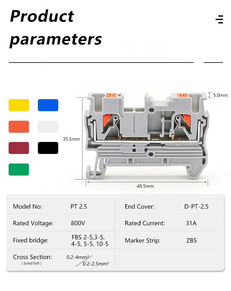 100Pcs DIN Rail Terminal Block PT2.5 2.5mm² Push-in Quick Wiring with Spring Cage Compact Industrial Electrical Connector