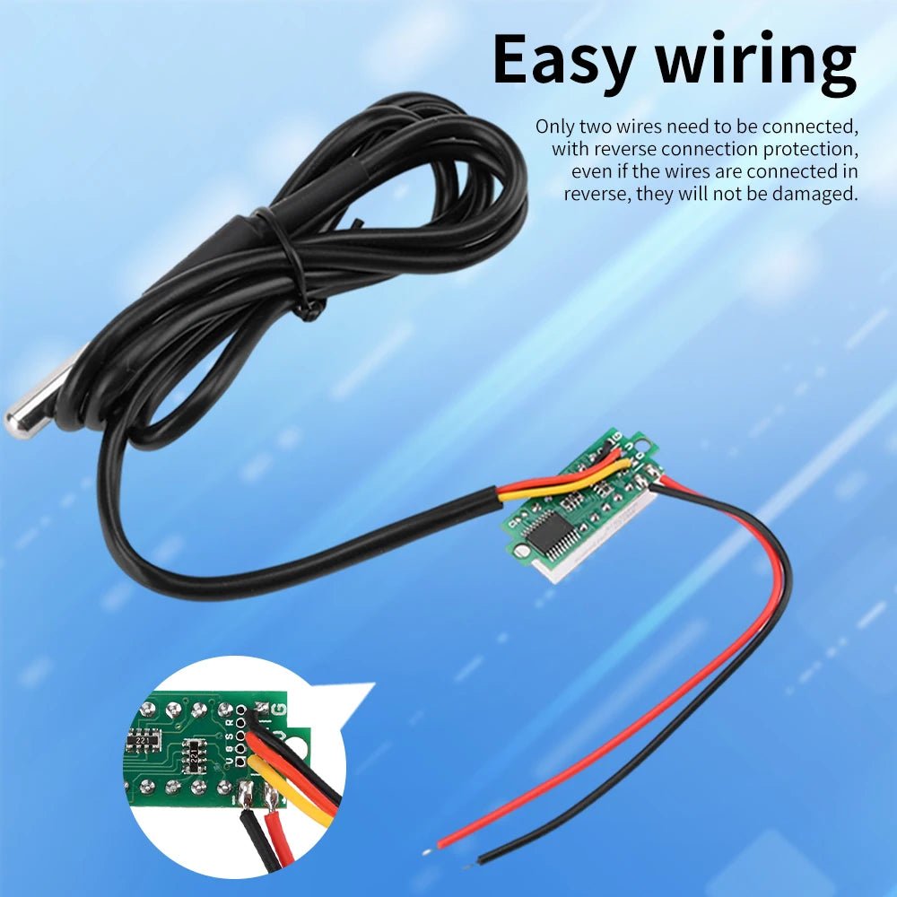 DC4-28V 0.28-inch Mini Two-Line Digital Thermometer Tester LED Display DS18B20 Waterproof Metal Probe -50 ℃~125 ℃
