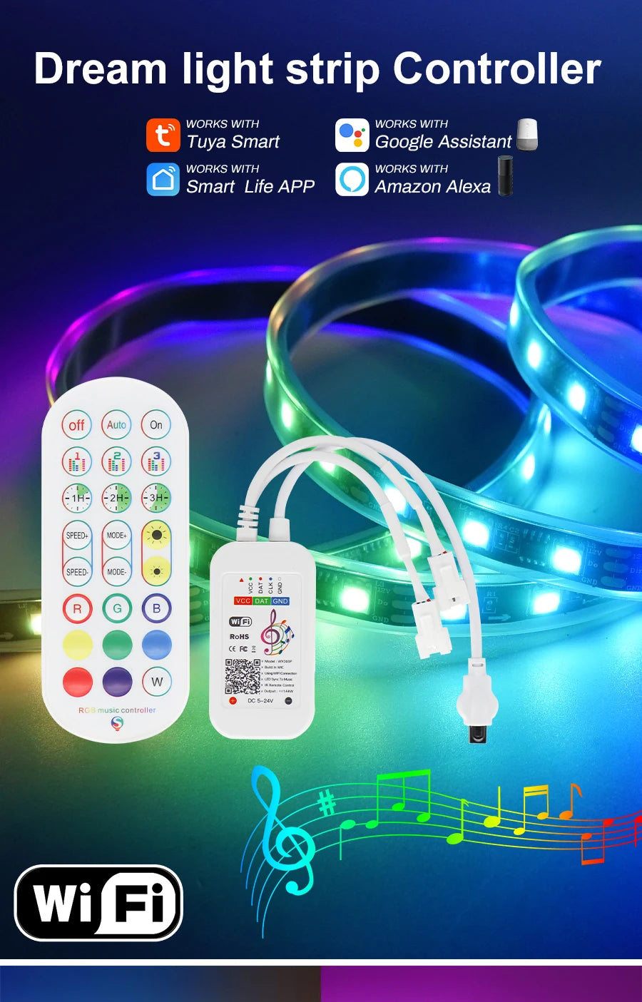 Tuya Wifi Pixel Controller for WS2811 WS2812B Addressable LED Strip Dream Color Light Wi-Fi Smart Dimmer Alexa Google Assistant