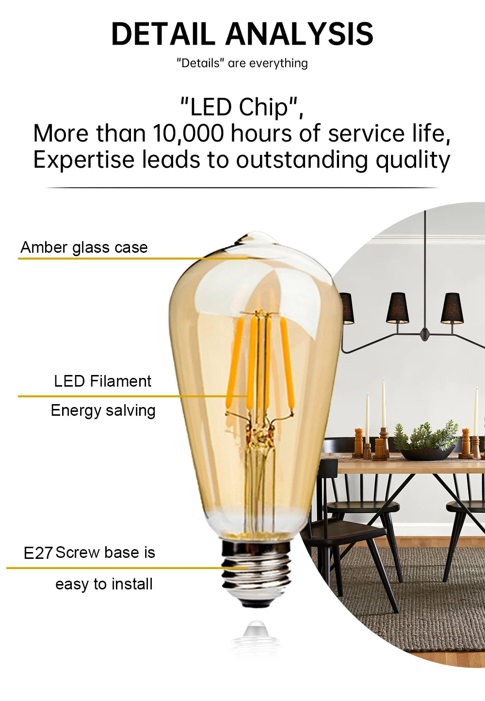 E27 Retro Edison Filament Bulb 4W 6W 220V ST64 Vintage LED Lamp Bulbs 2200K 2700K Warm White Amber Glass Light Bulbs for Home