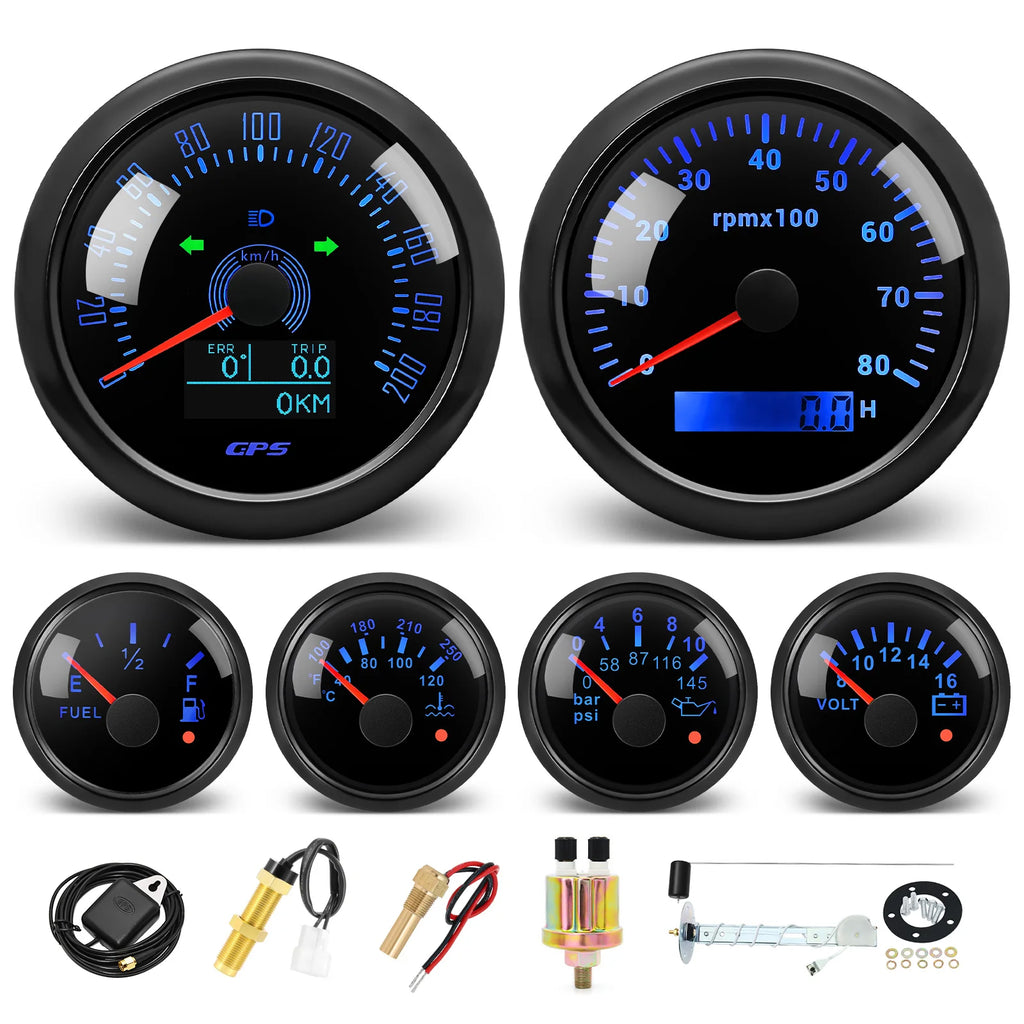 6 Gauge Set 85mm GPS Speedometer Tachometer 52mm Water Temp Fuel Voltmeter Oil Pressure Meter With 1/8 NPT Sensor For Boat Car