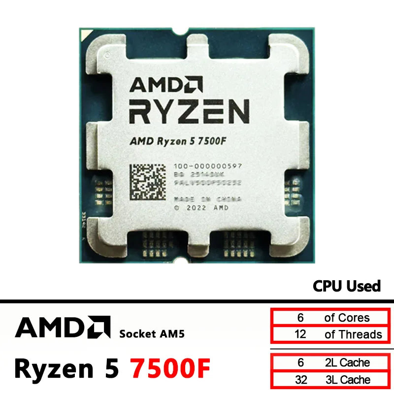 AMD Ryzen 5 7500F Used R5 7500F 3.7GHz CPU processor 6-Core 12-Thread 5NM L3=32M 100-000000597 Socket AM5