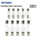 100PCS 5*20mm 6*30mm Fast Blow Glass Tube Fuses 5x20mm 6x30mm 250V 0.5A 1A 2A 3A 4A 5A 6A 8A 10A 15A 20A 25A 30A 0.75A AMP Fuse