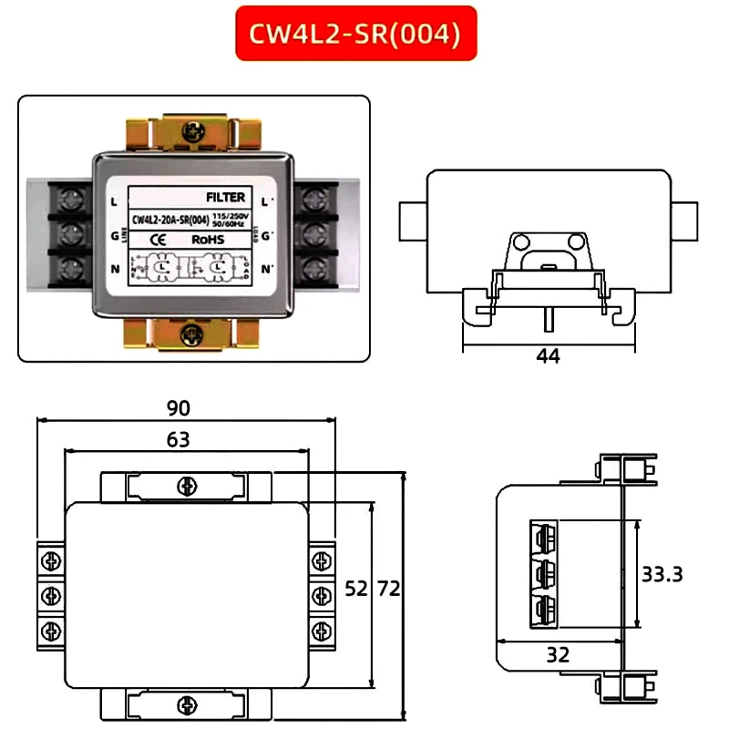 CW4L2-3/6/10/20/30A-SR(004) Single-phase AC power filter rail type single-phase bipolar filter equipment Purifier EMI interferen