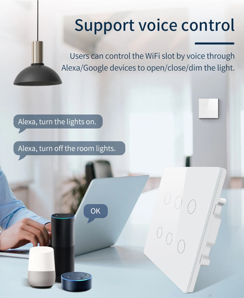 Tuya WiFi Smart Switch Brazil Standard 4x4 Size Touch Sensor 4/6/8 Gang Wall Light Switch Voice Control By Alexa Google Home