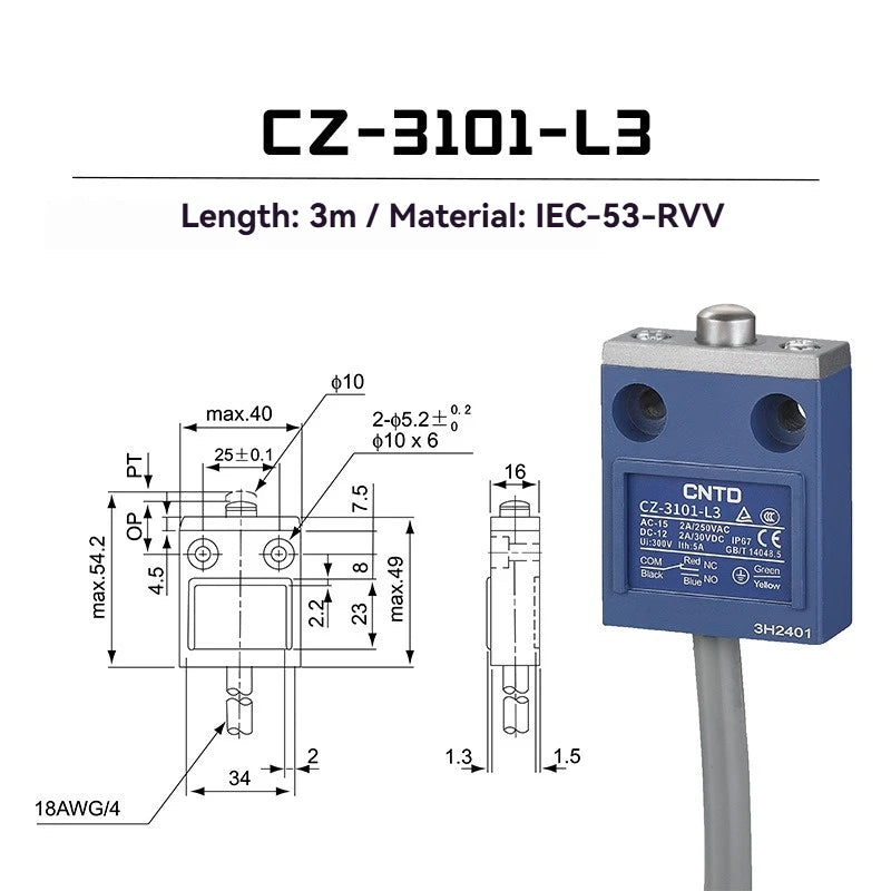 CNTD Micro Travel Limit Switch CZ‑3 Series CZ‑3101 CZ‑3104 CZ‑3108 CZ‑3112 IP67 Waterproof 5A 250V Position Control Switch