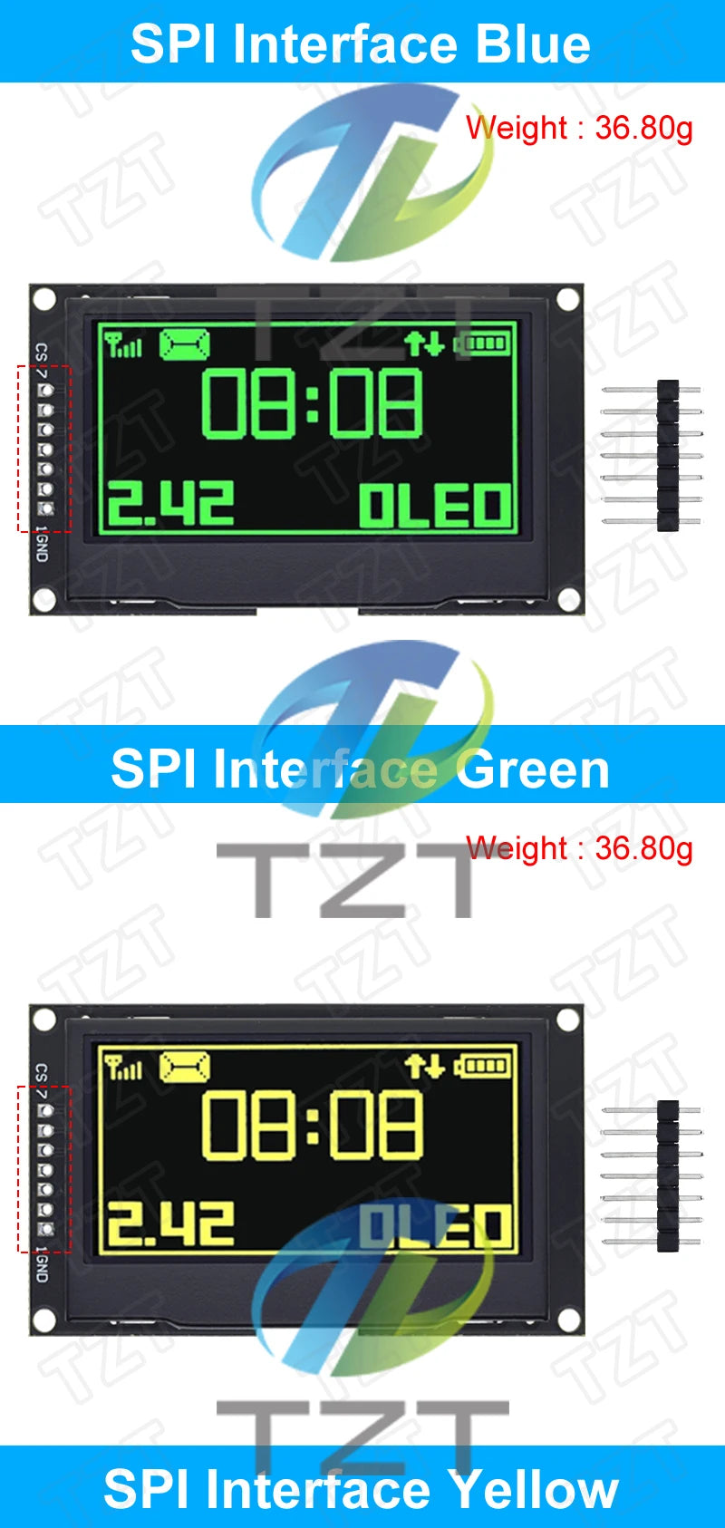 TZT 2.42" 2.42 inch LCD Screen White  Yellow 128x64 OLED Display Module IIC I2C SPI Serial for C51 SPD0301