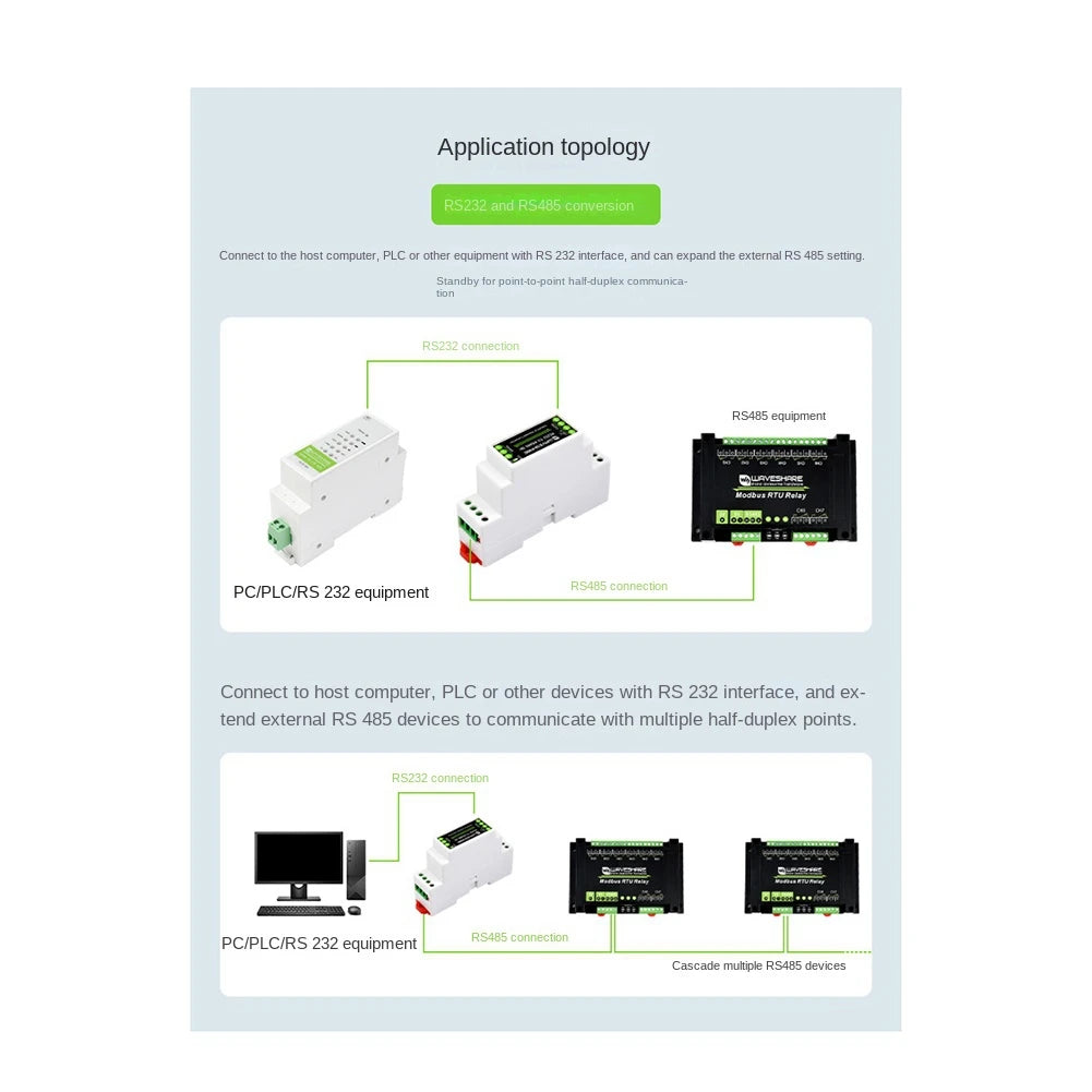 Waveshare Industrial Rail Type RS232 To RS485 Converter 300-115200Bps Active Digital Isolation Wide Voltage