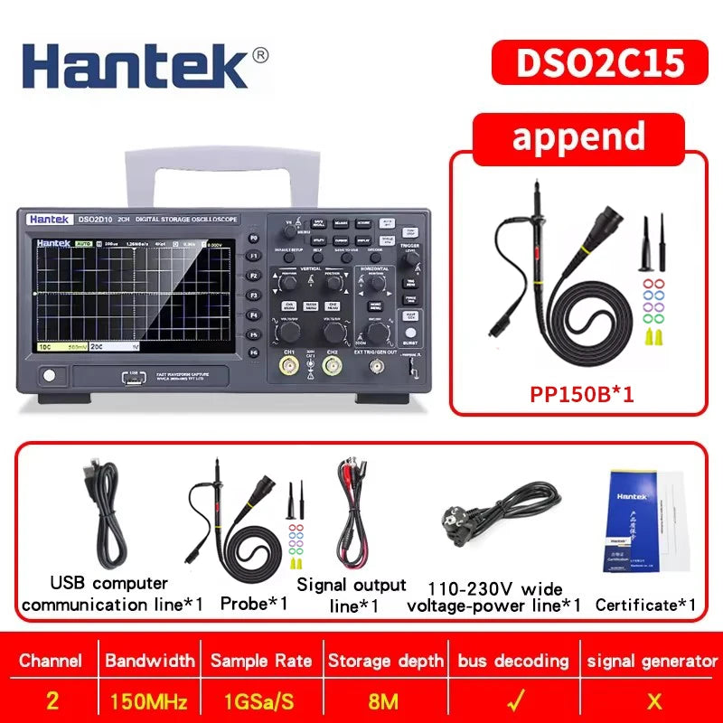 Hantek DSO2C10 DSO2C15 DSO2D10 DSO2D15 2CH Oscilloscope 100/150MHz 1GSa/s 8Mpts FFT UART I2C SPI CAN LIN 25MHz AWG D Models