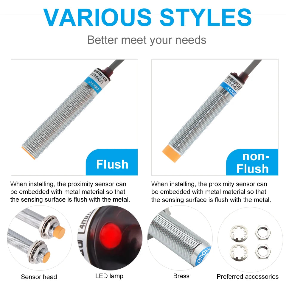 OMCH M8 M12 M18 M30 Inductive Proximity Switch Sensor Detection Distance 1/2 2/4 5/8 8/10mm NPN PNP NO NC DC 3-wire 6-36V