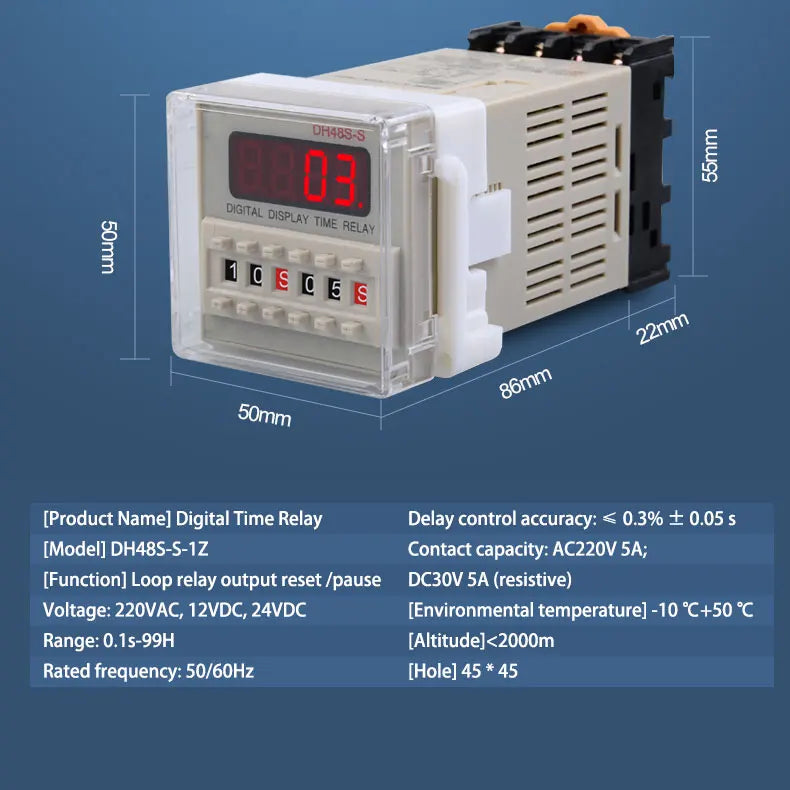 DH48S-S Time Delay Relay Switch DC24V 12V 0.1S-99H Digital LED Programmable With Base Timer Relay SPDT AC220V With Transformer