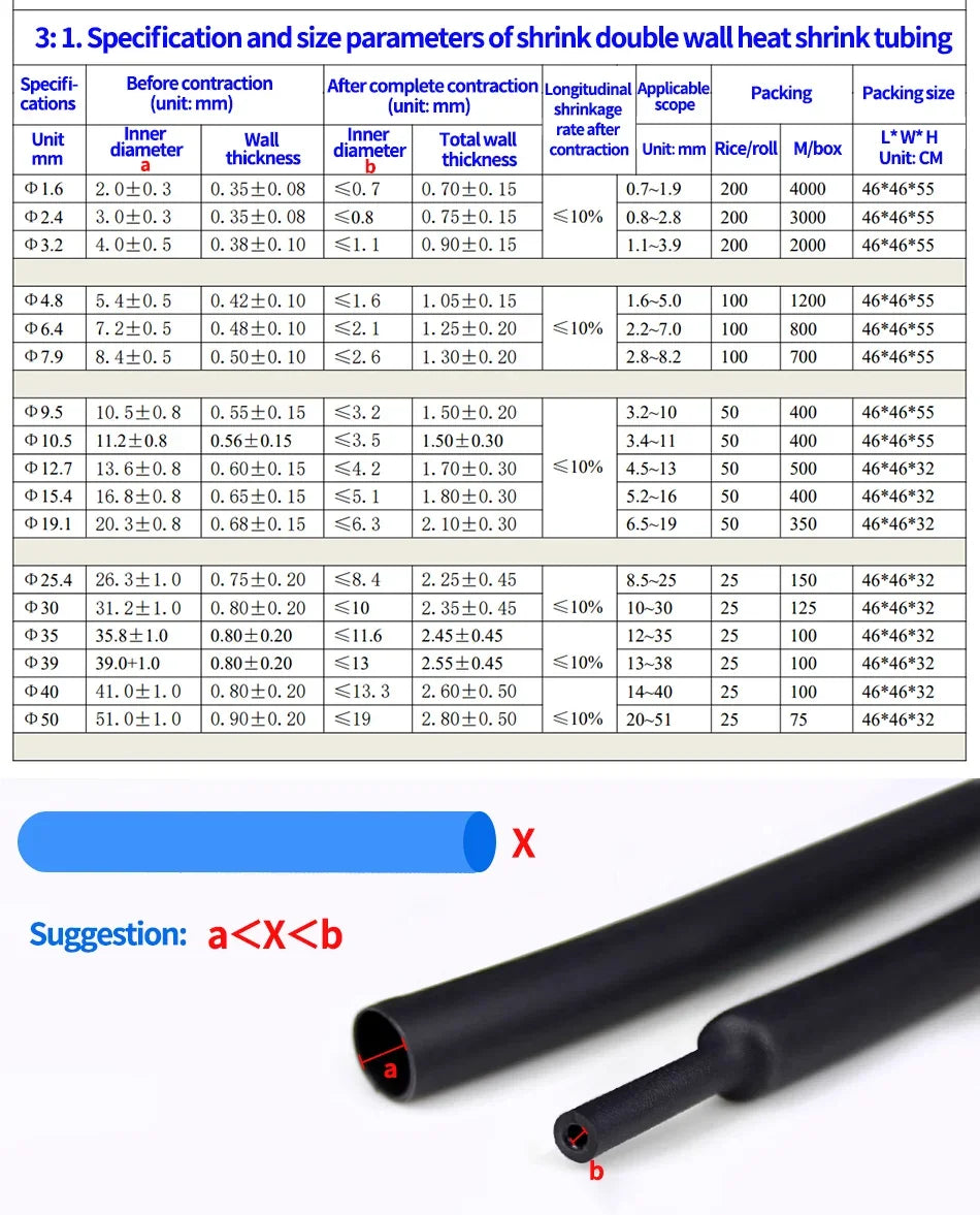 10Meters/50/100M 200M Polyolefin Heat Shrink Tube 3:1 Ratio Adhesive Lined Shrink Ratio Insulated Cable Sleeve