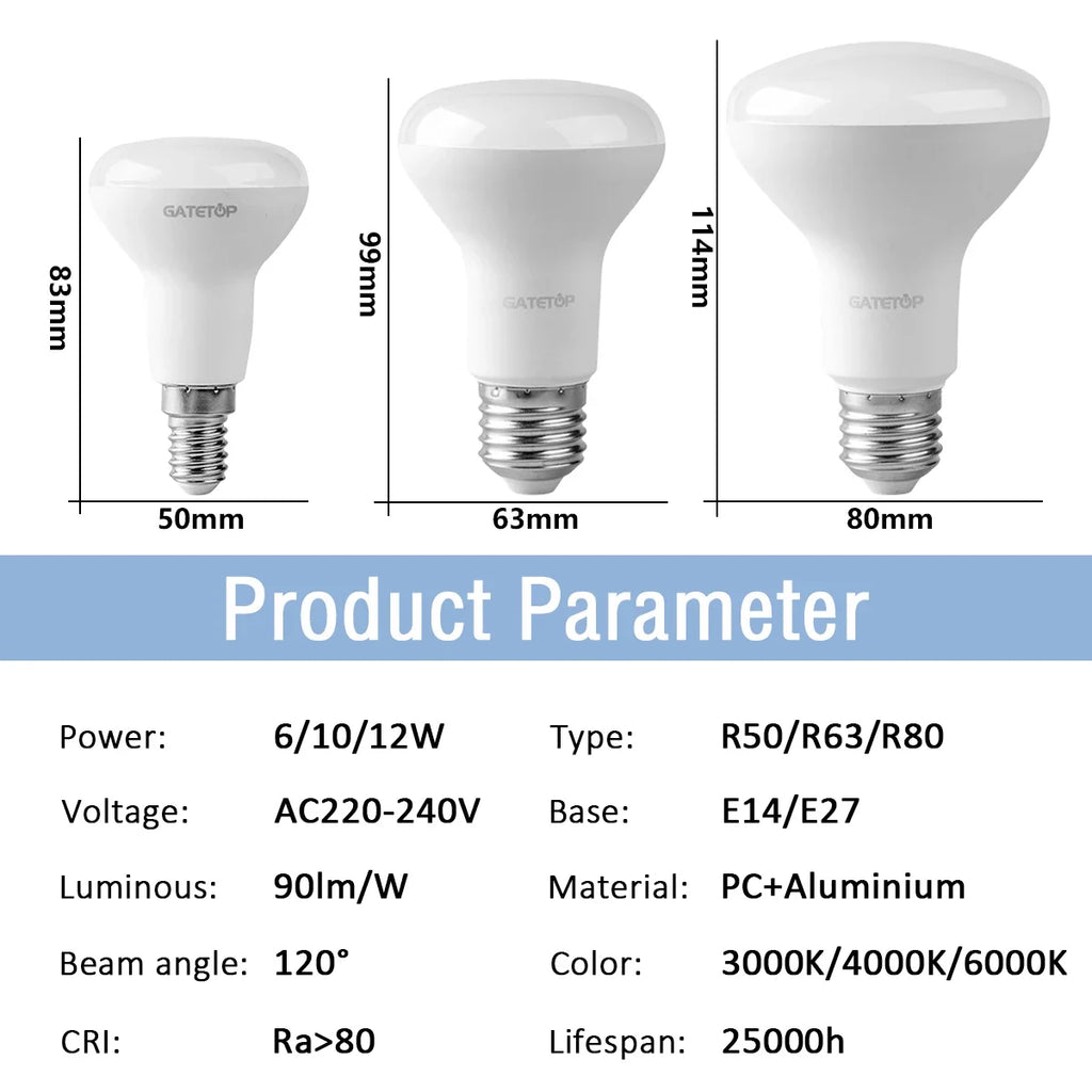 1-10 Pack R50 R63 R80 E14 E27 R Bulb Bathroom Light 6W 10W 12W High Lumen 3000K 4000K 6000K Natural Light for Bathroom Home