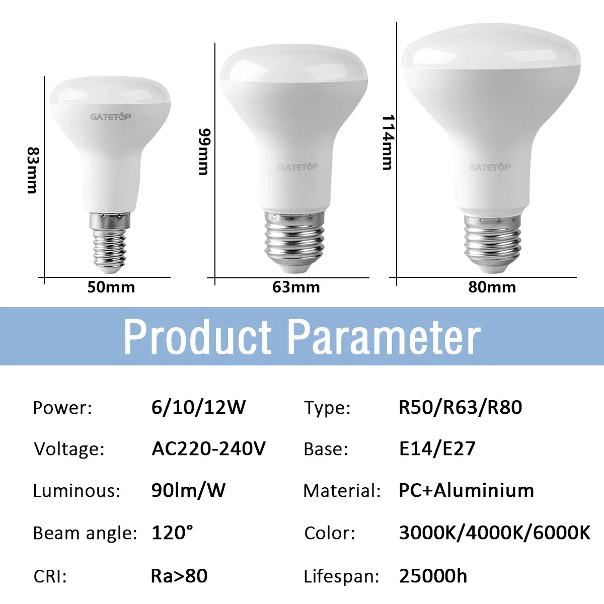 1-10 Pack R50 R63 R80 E14 E27 R Bulb Bathroom Light 6W 10W 12W High Lumen 3000K 4000K 6000K Natural Light for Bathroom Home