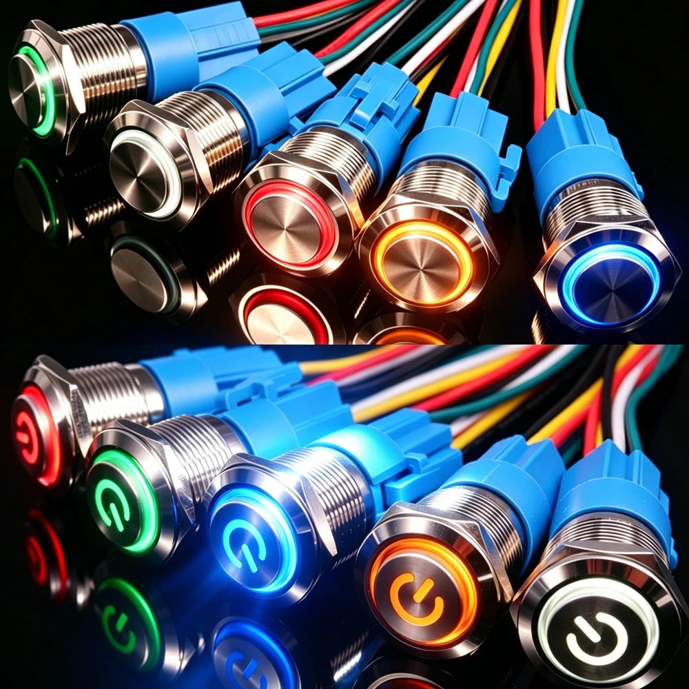 12/16/19/22mm Metal Push Button IP66 Waterproof Self Reset Latching Red LED 1NO1NC Plug Terminal 5V 12V 220V Control Switch Blue
