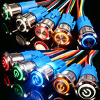 12/16/19/22mm Metal Push Button IP66 Waterproof Self Reset Latching Red LED 1NO1NC Plug Terminal 5V 12V 220V Control Switch Blue