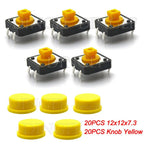 20PCS Tactile Push Button Switch Momentary 12*12*7.3MM Micro switch button with knob Yellow Green Red Kit 12x12x7.3