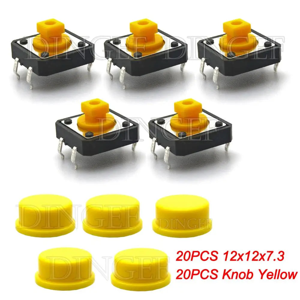20PCS Tactile Push Button Switch Momentary 12*12*7.3MM Micro switch button with knob Yellow Green Red Kit 12x12x7.3