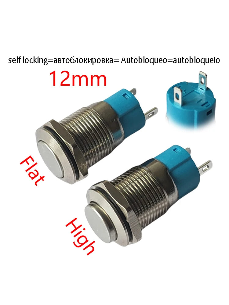 1PC 12mm 2Pin Metal Button Switch Fixed Latching No Light Waterproof Metal Push Button Self-locking Car Dashboard High Flat Head
