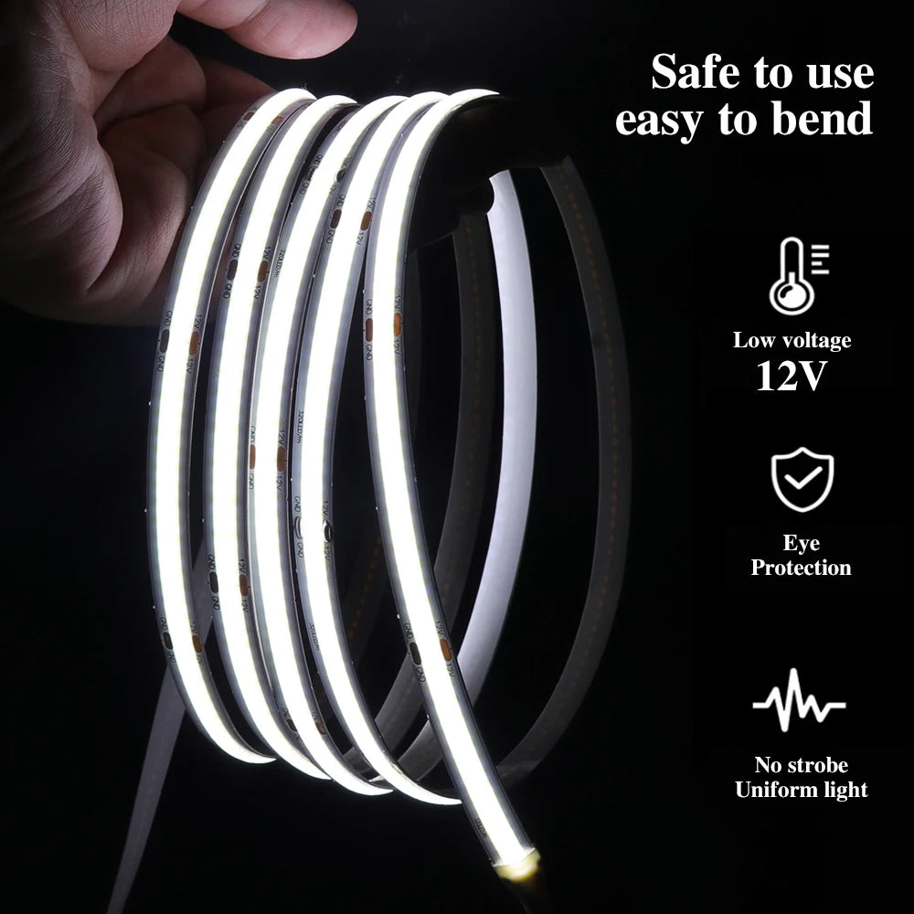 DC 12V 24V COB Strip 320Leds/M High Density RA90 White Pink Yellow Ice Blue Red Green Flexible Ribbon Rope LED Light