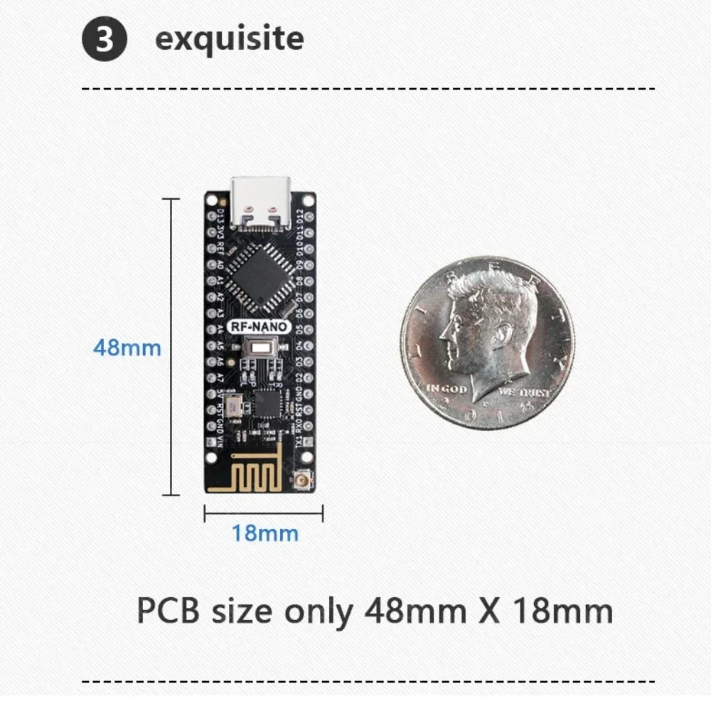 RF-Nano Board and Antenna Kit NRF24L01 Module Inside Arduino Compatible USB-C Support Arduino IDE ATmega328PB-AU Microcontroller