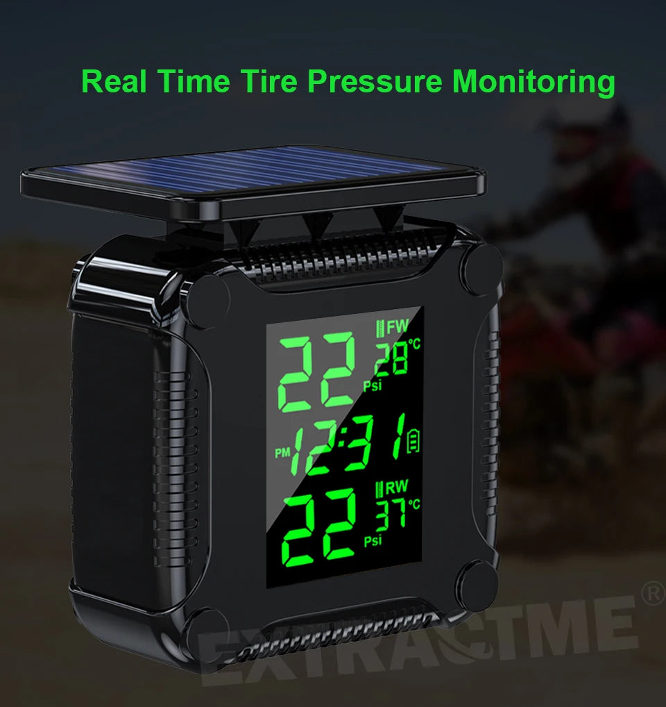 Extractme Tire Pressure Monitoring System Colorful Display Wireless TPMS Motorcycle Solar Charge Tyre Temperature Alarm Sensor