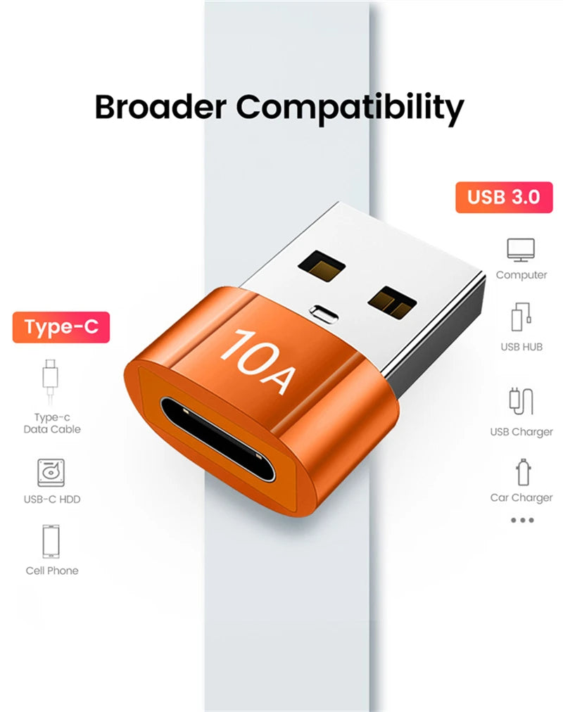10A USB 3.0 To Type C Mini Fast Transfer USB Type C Female To USB PD Adapter Suitable for Mobile Computer Car Charger Converters