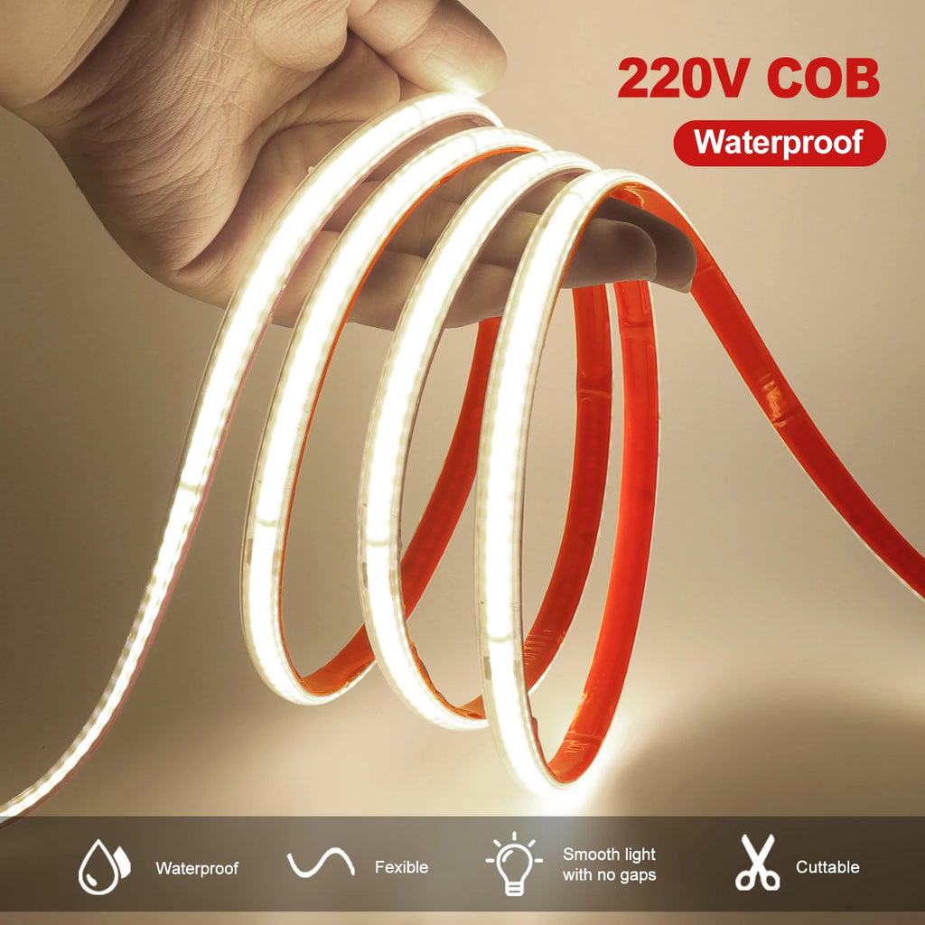 AC 220V COB Strip IP65 Waterproof 10CM Cut 240Leds/M 3000K 4000K 6000K Home Decor Flexible Ribbon Rope Tape LED Light